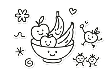 Joyful Fruit Doodles. Joyful doodle stickers: fruit bowl with smiling apples and bananas, tiny berries dancing, simplified doodle