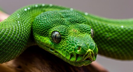 Fototapeta premium Green snake resting on a branch with vibrant scales and eyes 