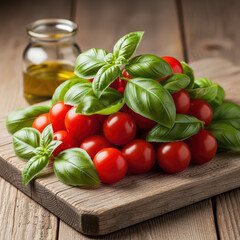 Fresh Basil and Tomatoes with Olive Oil on Wood Cutting Board