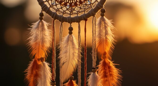 view shows a handcrafted dreamcatcher with feathers in warm sunset tones. The circular woven design is adorned with beads and colorful feathers, creating a tranquil and artistic composition.