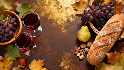 Autumn still life with red wine, grapes, pear, bread loaf and nuts on rustic golden background with colorful maple leaves