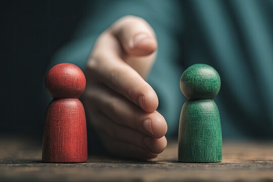 Symbolic image shows a hand separating two wooden figurines, red and green, on a wooden surface
