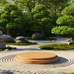 Serene Garden Stage: A minimalist wooden stage stands in a tranquil Japanese garden setting, with meticulously raked sand patterns, manicured trees.