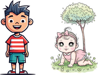 Cartoon boy smiling outdoors, cute baby girl crawling on grass, playful children illustration, colorful nature background, happy kids character design
