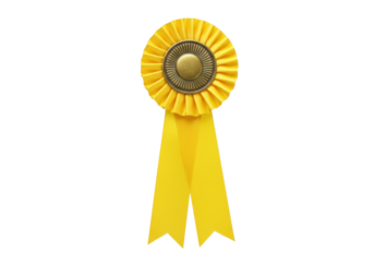 Isolated bright yellow rosette ribbon with gold button, award achievement recognition