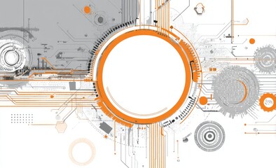 Obraz premium Complex technical graphic of circuits and gears, rendered in orange and grey, on a white backdrop