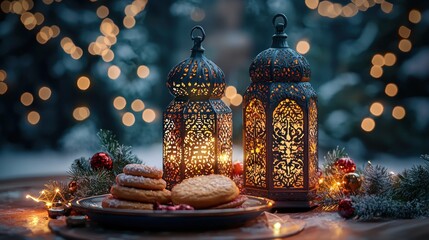 Ornate lanterns & cookies on table, snowy tree bokeh background