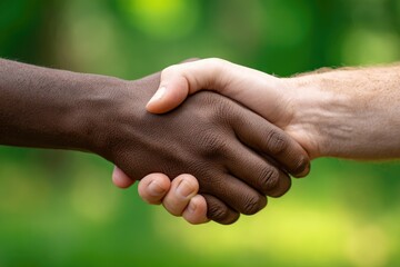 A close up of two hands clasped together symbolizing unity against a blurred green background
