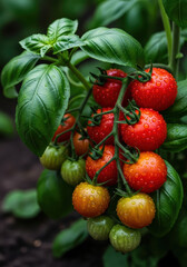 Cherry Tomato Closeup of Ripe Fruit with Basil Growing 
