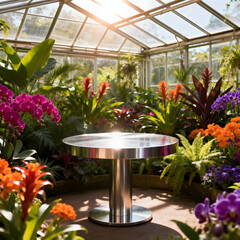 Serene Conservatory Oasis: A modern metallic table sits at the heart of a vibrant conservatory, surrounded by a dazzling array of blooming plants and lush greenery, bathed in warm sunlight.