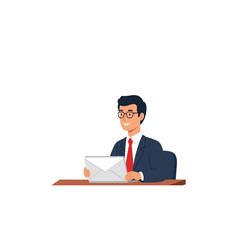 Businessman holding envelope at desk, smiling, wearing glasses and tie