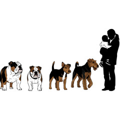 Man holding baby with dogs, silhouette, isolated on white background