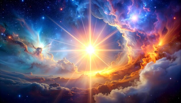 A radiant celestial display of light bursting through billowing clouds, evoking a sense of wonder and cosmic energy - Powered by Adobe
