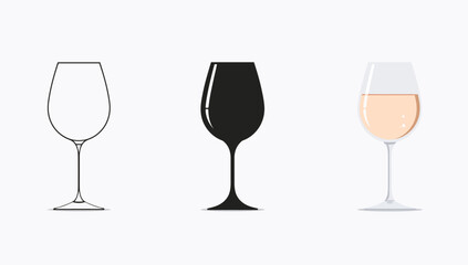 Vector art of three wine glasses in different styles, outline, silhouette, and colored