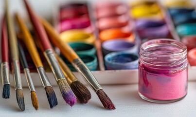Inspiring artists gather colorful paints and brushes, ready to bring vibrant creations to life with creative passion