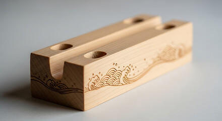 Wooden phone holder with wave design, close-up