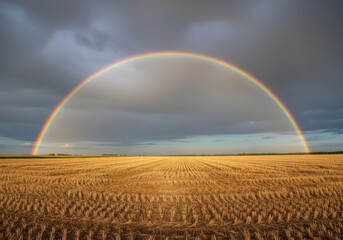 Rainbow Over Rural Farm Field on a Stormy Afternoon with Dark Clouds in the Sky