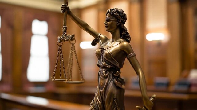 Bronze statuette of a blindfolded woman holding scales of justice inside a classic courthouse