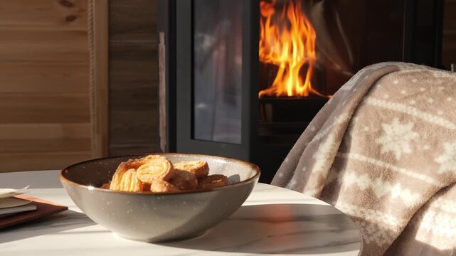Cozy winter evening near fire and sweet cookies create relaxing vibefire glows with warmth and calm mood peaceful pause by fire with blanket pastry and gentle light highlights deep comfort and hygge