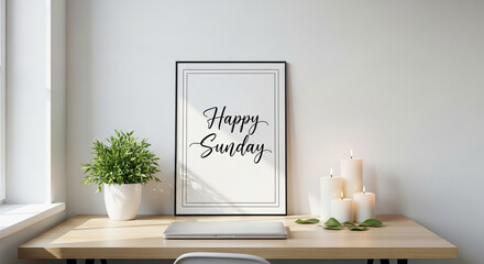 Elegant Interior with Happy Sunday Print, Candles and Plant Still Life