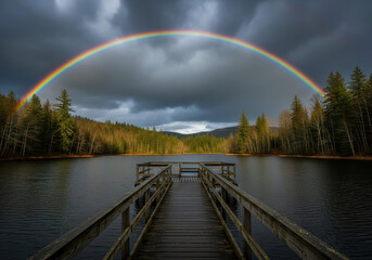 Rainbow Over Dock at Lake Retreat on a Stormy Afternoon with Dark Clouds in the Sky