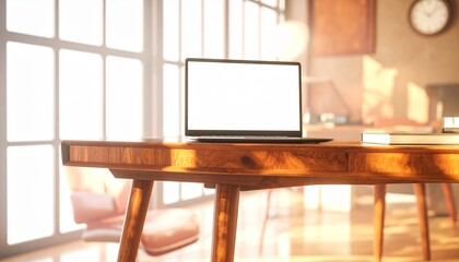 Laptop Mockup in Mid-Century Modern Home Office Setup