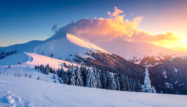 A scenic view of snow-covered mountain peaks with evergreen trees in a vibrant winter landscape at dawn with a colorful sunset