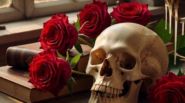 Skull still life with roses, books, and old candelabra