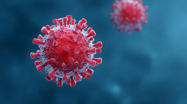Close-up image of virus cells. A visually striking and impactful representation of the virus. The image captures a sense of severity and underscores the ongoing health risks