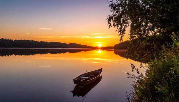 A serene landscape captures a still lake reflecting the vibrant colors of the setting sun. A lone boat floats peacefully. Lush trees frame the tranquil scene