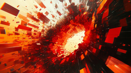 Abstract red tunnel of exploding digital cubes creating dynamic energy and motion