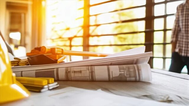 A yellow hard hat on construction drawings with tools on a table &mdash; ideal for articles on construction, architecture, design, and occupational safety.
