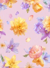 Watercolor floral arrangement on a soft pink background with scattered petals