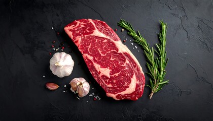 A top-down view presents a raw, marbled steak with garlic cloves, peppercorns, rosemary sprig, and herbs, set on a black background