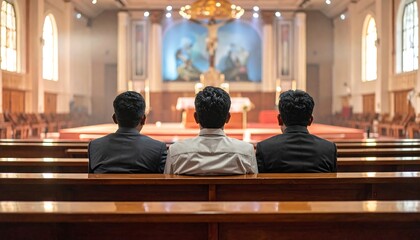Three men sit in a church pew, facing the altar. The interior is brightly lit, with focus on the central crucifix