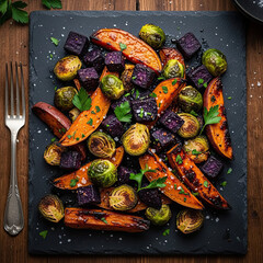 Plant Based Vegan Autumn Meal - Roasted Vegetables with Brussels Sprouts and Carrots