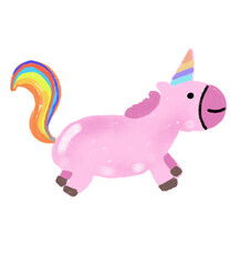 A crayon drawing of a pink pony with a colorful tail.