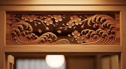 Japanese wood carving with cherry blossoms and waves