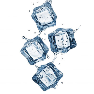 Frozen water cubes splashing isolated on a transparent background