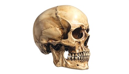 Fototapeta premium Side view of a human skull, isolated against a clean white backdrop. Displaying the complex bone structure