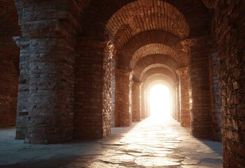 Obraz premium Interior view of a brick arched corridor bathed in light, hinting at a distant exit