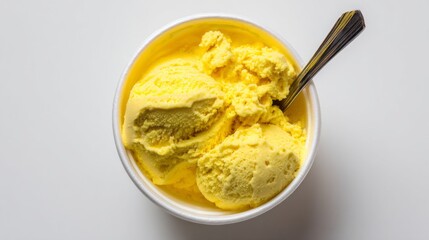 Bright yellow ice cream served in a bowl with a spoon, ready for a sweet treat on a warm day