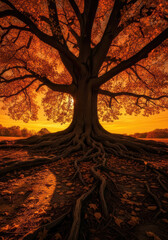 Glowing Orange Sunset behind Old Majestic Tree with Red Orange Autumn Leaves