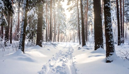A snow-covered path winds through a sunlit winter forest, with tall trees casting shadows on the pristine snow