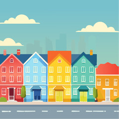 Row of colorful houses, vibrant colored facades