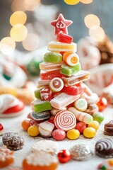 Festive candy christmas tree with decorative holiday sweets and sparkling lights in a winter wonderland