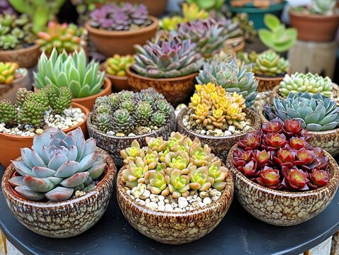 Various colorful succulent plants in ceramic pots displayed on a table