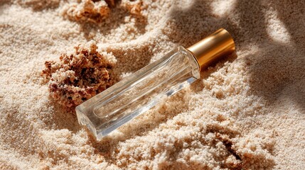 Elegant Perfume Rollerball on a Bed of Textured Sand