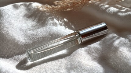 Naklejka premium Elegant perfume rollerball on white fabric in soft light