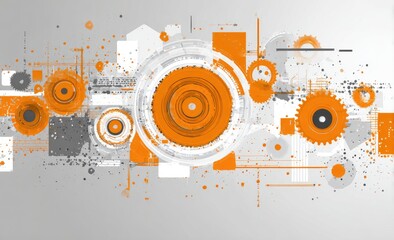 Obraz premium Abstract composition with circular and angular geometric shapes, using orange, gray, and white hues